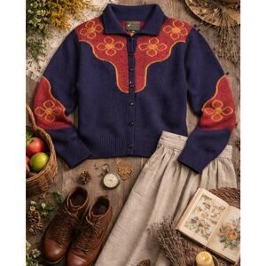 Bolivian Handknits Hand Made Alpaca Wool Cardigan Sweater Small Folk Art Floral